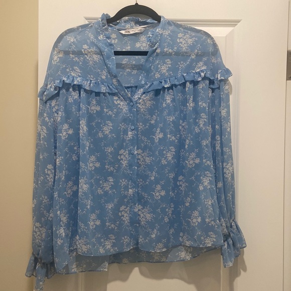 ZARA light blue floral button up blouse - Picture 1 of 1